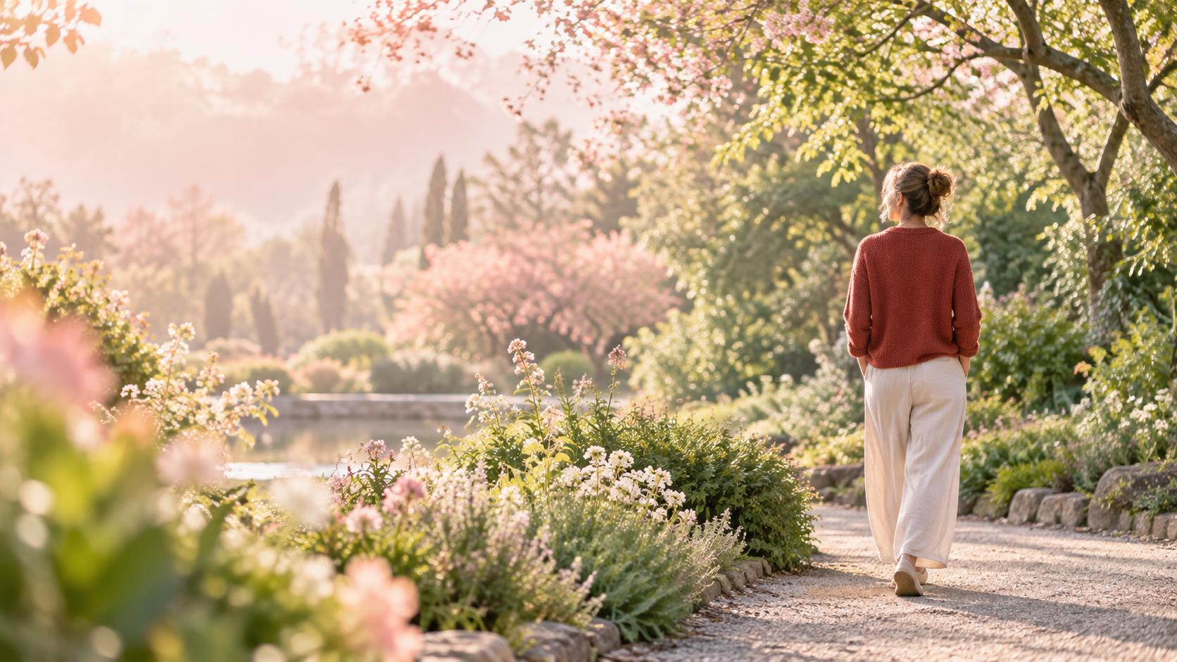 Frau spaziert durch blühenden Garten – Symbolbild für Selbstreflexion und Klarheit im Coaching