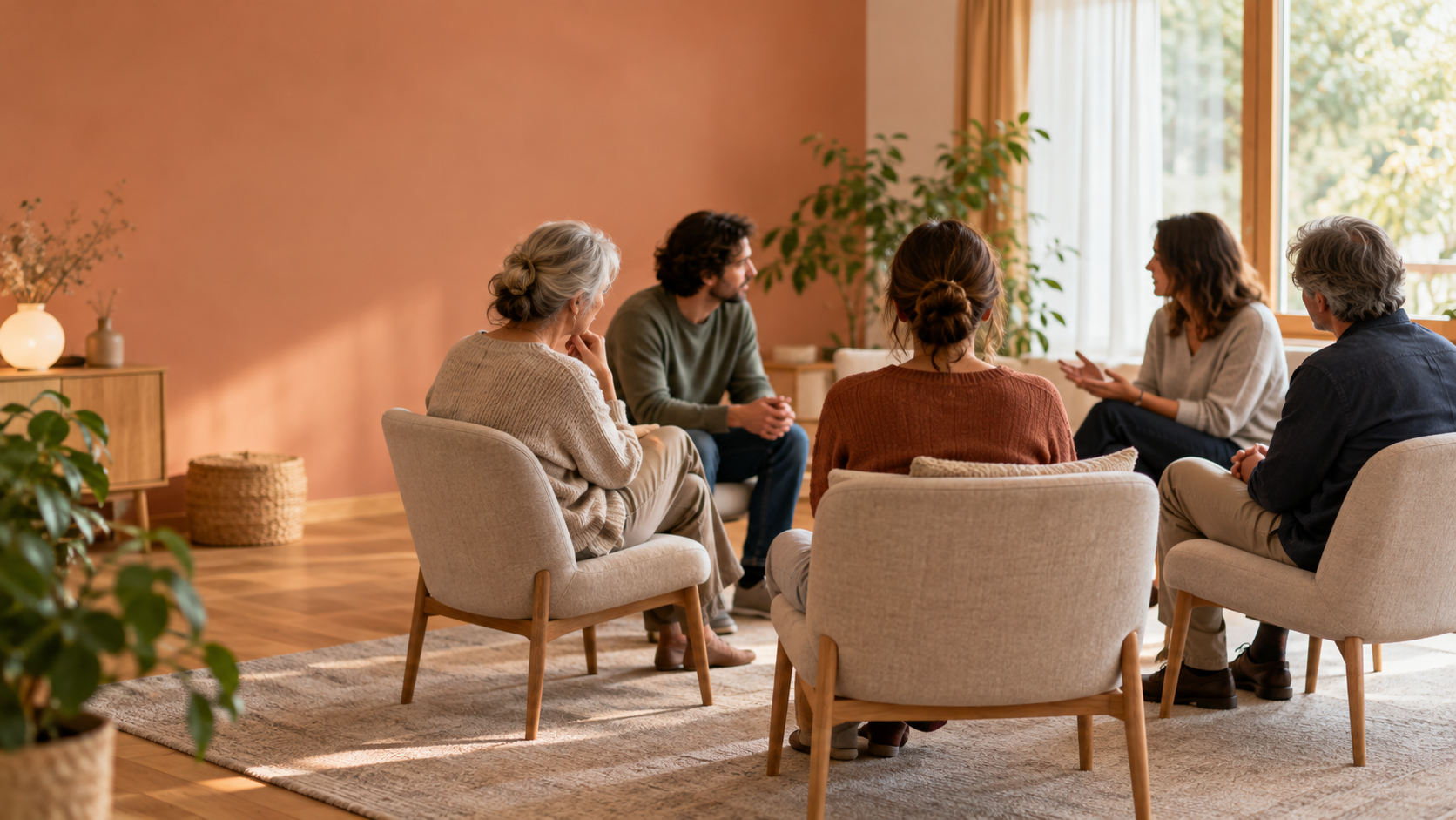 Gruppe von Menschen im Gesprächskreis – Symbolbild für Gruppentherapie und gemeinsame Reflexion