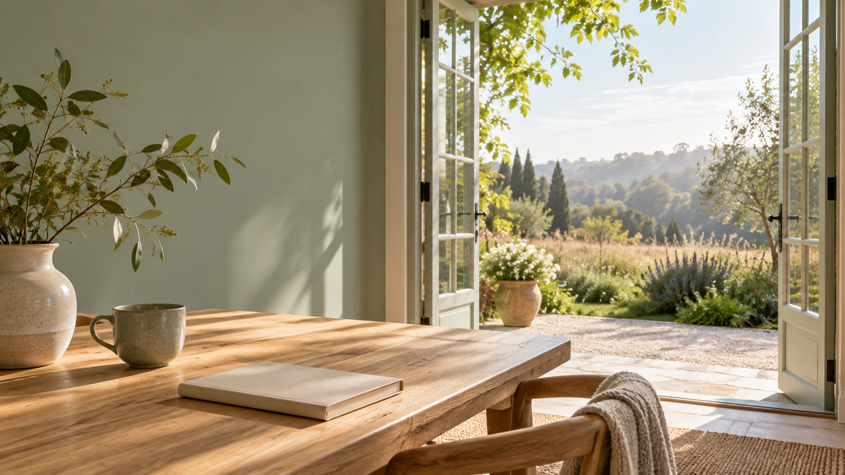 Holztisch mit offener Tür zur sommerlichen Gartenlandschaft – Symbolbild für Aufbruch und Intensivformate